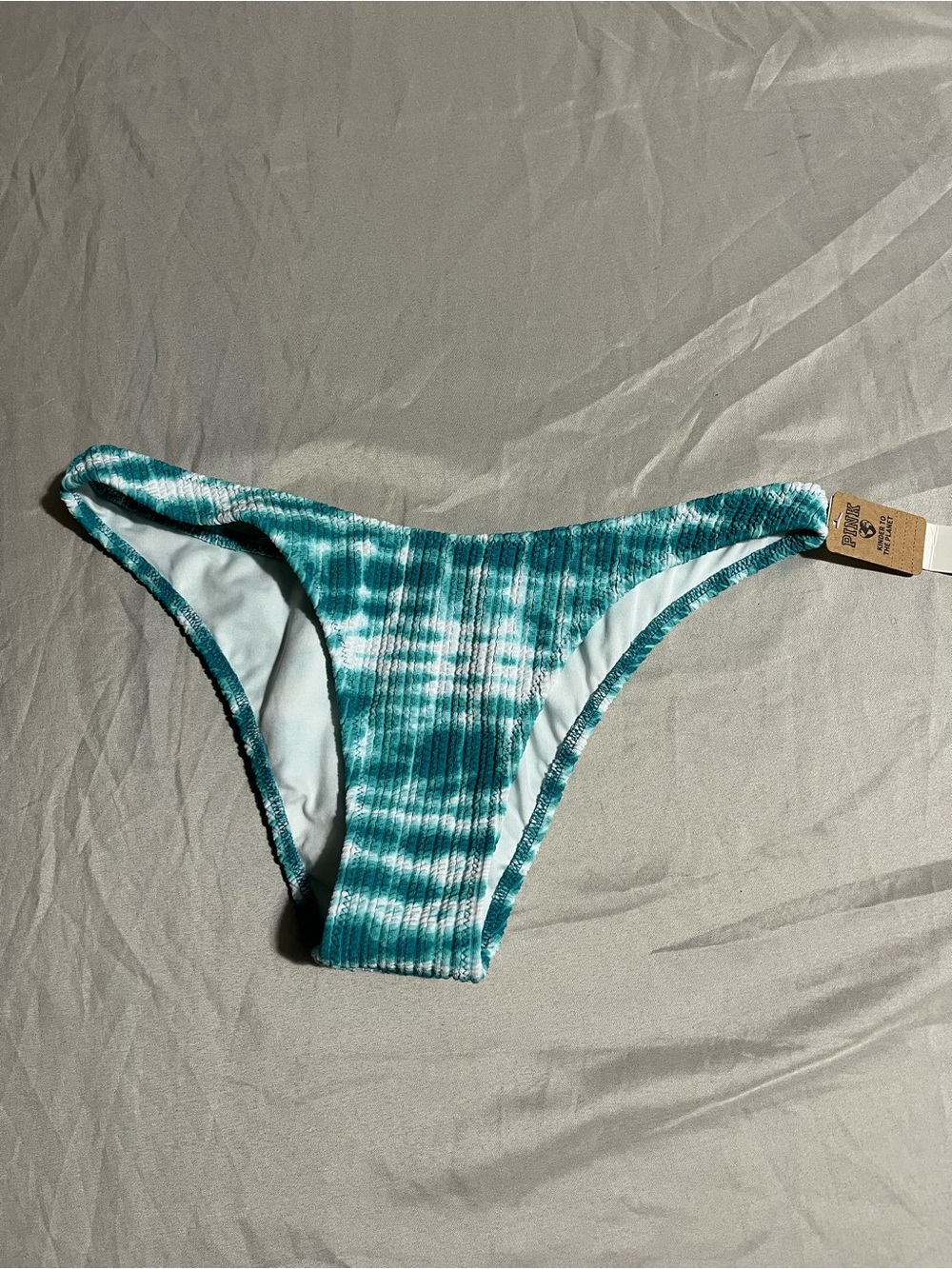 PINK Victorias Secret Teal and White Ribbed Tie-Dye Bikini Bottom Size Small NWT